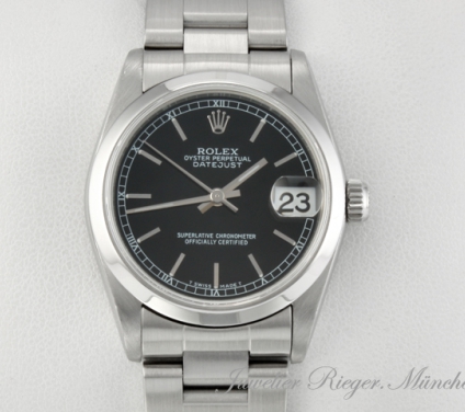 Uhransicht von vorne, hauptsächlich das Zifferblatt und die Lünette sichtbar. Rolex Medium Datejust 31 mm 1998 Edelstahl Automatik Damenuhr Stahl