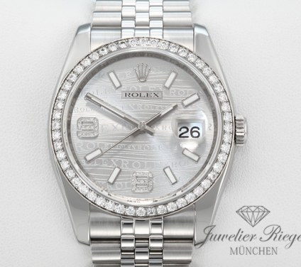 Uhransicht von vorne, hauptsächlich das Zifferblatt und die Lünette sichtbar. Rolex Datejust 36 mm 116244 2011 Stahl Weissgold 750 Wave Diamanten Automatik