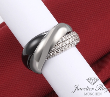 . Cartier Ring Trinity Grosses Modell Weissgold 750 Platin Keramik Diamanten Gr 50