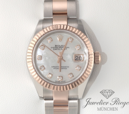 Uhransicht von vorne, hauptsächlich das Zifferblatt und die Lünette sichtbar. Rolex Lady Datejust 28 mm 279171 Edelstahl Rosegold 750 Diamanten Automatik Gold