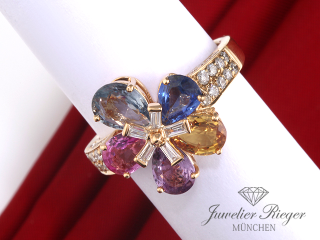 Bild 4 der Galerie: Bvlgari Ring Flora Gelbgold 750 Diamanten Bunte Saphire Gr 57 Bulgari Gold