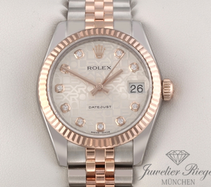 Uhransicht von vorne, hauptsächlich das Zifferblatt und die Lünette sichtbar. Rolex Datejust 31 mm 178271 2013 LC110 Stahl Rosegold 750 Diamanten Gold