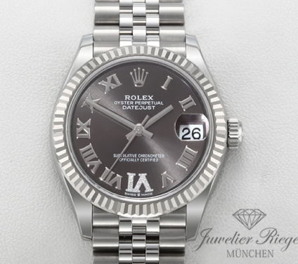 Uhransicht von vorne, hauptsächlich das Zifferblatt und die Lünette sichtbar. Rolex Datejust 31 278274 Medium Stahl Weissgold 750 Diamanten Automatik