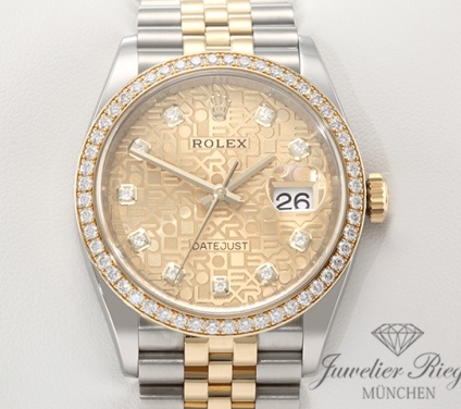 Uhransicht von vorne, hauptsächlich das Zifferblatt und die Lünette sichtbar. Rolex Datejust 36 126283RBR Stahl Gelbgold 750 Diamanten Automatik Gold