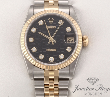 Uhransicht von vorne, hauptsächlich das Zifferblatt und die Lünette sichtbar. Rolex Medium Datejust Stahl Gelbgold 750 1999 Diamanten Automatik Gold Stahl