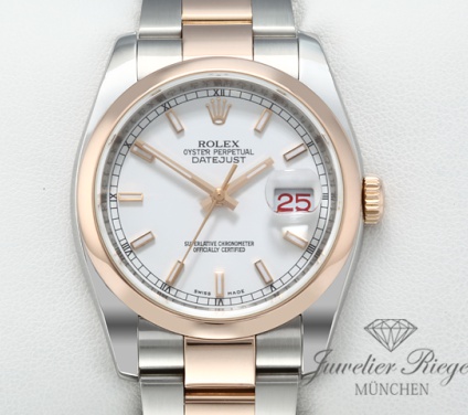 Uhransicht von vorne, hauptsächlich das Zifferblatt und die Lünette sichtbar. Rolex Datejust 36 mm 116201 Stahl Rosegold 750 Automatik Damen Herren