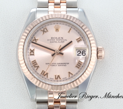 Uhransicht von vorne, hauptsächlich das Zifferblatt und die Lünette sichtbar. Rolex Datejust Medium 31 mm 178271 Edelstahl Rosegold 750 Automatik Stahl Gold