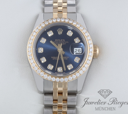 Uhransicht von vorne, hauptsächlich das Zifferblatt und die Lünette sichtbar. Rolex Lady Datejust 179383 Edelstahl Gelbgold 750 Diamanten Automatik Stahl Gold