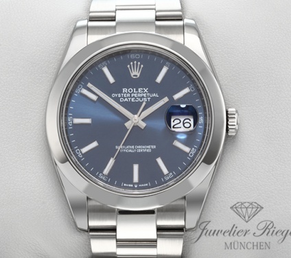 Uhransicht von vorne, hauptsächlich das Zifferblatt und die Lünette sichtbar. Rolex Datejust 41 mm 126300 2024 Edelstahl Automatik Stahl