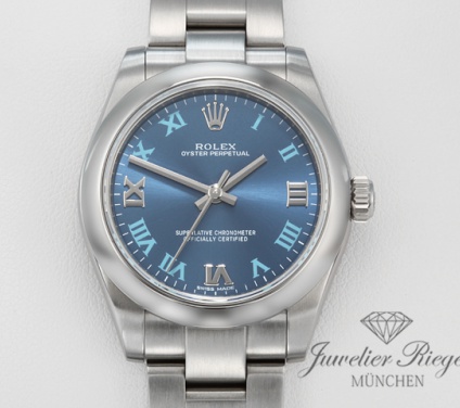 Uhransicht von vorne, hauptsächlich das Zifferblatt und die Lünette sichtbar. Rolex Oyster Perpetual 31 mm 177200 Medium Stahl Automatik datejust lady