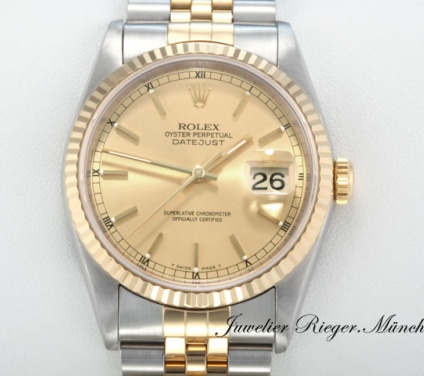 Uhransicht von vorne, hauptsächlich das Zifferblatt und die Lünette sichtbar. Rolex Datejust 36 mm 16233 1996 LC100 Edelstahl Gelbgold 750 Automatik Gold