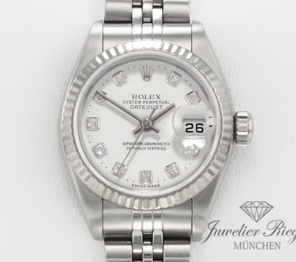 Uhransicht von vorne, hauptsächlich das Zifferblatt und die Lünette sichtbar. Rolex Lady Datejust Stahl Weissgold 750 Diamanten 2000 Automatik Gold Damen