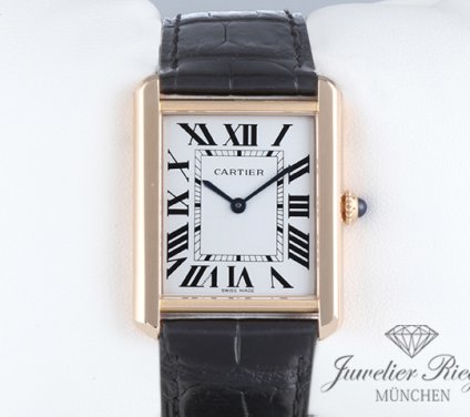 Uhransicht von vorne, hauptsächlich das Zifferblatt und die Lünette sichtbar. Cartier Tank Solo Großes Modell Edelstahl Rosegold 750 2015 W5200025 Stahl Gold