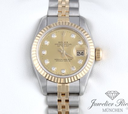 Uhransicht von vorne, hauptsächlich das Zifferblatt und die Lünette sichtbar. Rolex Lady Datejust Edelstahl Gelbgold 750 Diamanten 1998 Automatik Gold