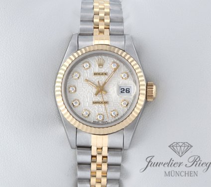 Uhransicht von vorne, hauptsächlich das Zifferblatt und die Lünette sichtbar. Rolex Lady Datejust Edelstahl Gelbgold 750 Diamanten Automatik Gold Stahl