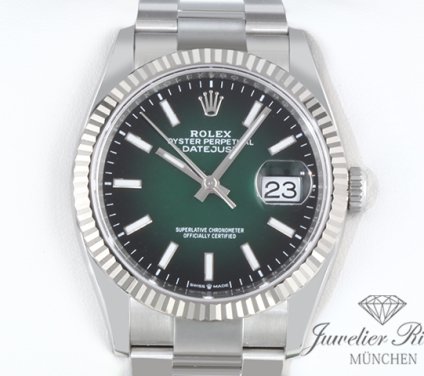 Uhransicht von vorne, hauptsächlich das Zifferblatt und die Lünette sichtbar. Ungetragen Rolex Datejust 36 126234 2026 Stahl Weissgold 750 Automatik Gold