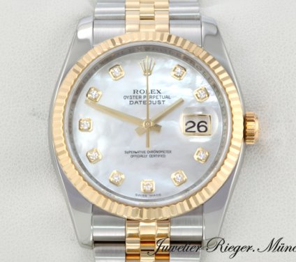 Uhransicht von vorne, hauptsächlich das Zifferblatt und die Lünette sichtbar. Rolex Datejust 36 mm 116233 Perlmutt Diamanten Stahl Gelbgold 750 Automatik Gold