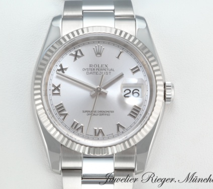 Uhransicht von vorne, hauptsächlich das Zifferblatt und die Lünette sichtbar. Rolex Datejust 36 116234 Stahl Weissgold 750 2005 LC100 Automatik Gold