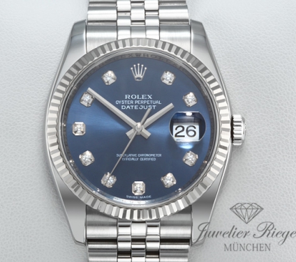 Uhransicht von vorne, hauptsächlich das Zifferblatt und die Lünette sichtbar. Rolex Datejust 36 mm 116234 2012 Stahl Weissgold 750 Diamanten Automatik Gold
