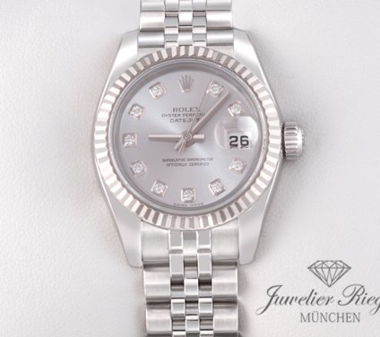 Uhransicht von vorne, hauptsächlich das Zifferblatt und die Lünette sichtbar. Rolex Lady Datejust 179174 Stahl Weissgold 750 Diamanten Automatik Gold