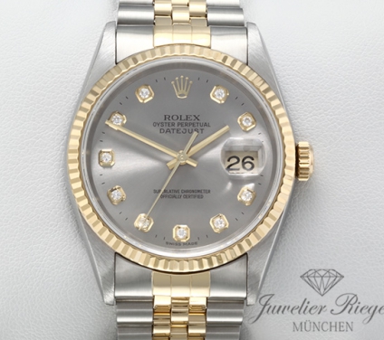 Uhransicht von vorne, hauptsächlich das Zifferblatt und die Lünette sichtbar. Rolex Datejust 36 mm 16233 2001 Diamanten Stahl Gelbgold 750 Automatik Gold