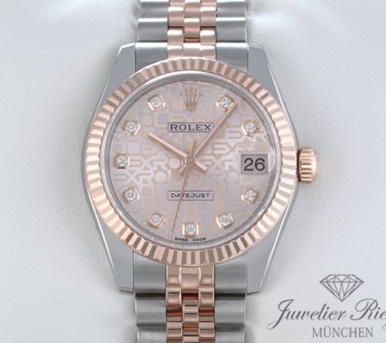 Uhransicht von vorne, hauptsächlich das Zifferblatt und die Lünette sichtbar. Rolex Medium Datejust 31 mm 178271 Edelstahl Rosegold 750 Diamanten Gold
