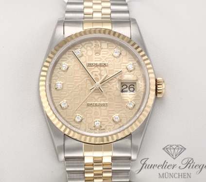 Uhransicht von vorne, hauptsächlich das Zifferblatt und die Lünette sichtbar. Rolex Datejust 36 mm 16233 1997 Stahl Gelbgold 750 Diamanten Automatik
