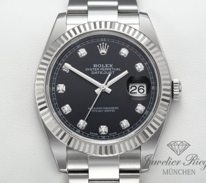 Uhransicht von vorne, hauptsächlich das Zifferblatt und die Lünette sichtbar. Rolex Datejust 41 126334 2018 Stahl Weissgold 750 Diamanten Automatik