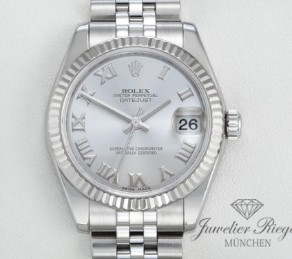 Uhransicht von vorne, hauptsächlich das Zifferblatt und die Lünette sichtbar. Rolex Medium Datejust 31 mm 178274 Stahl Weissgold 750 Automatik Gold