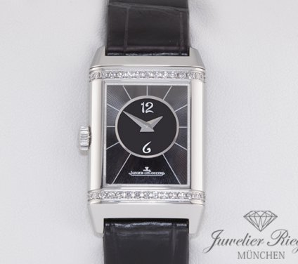 Uhransicht von vorne, hauptsächlich das Zifferblatt und die Lünette sichtbar. Jaeger Le Coultre Reverso Classic Small Duetto Q2668430 2016 Stahl Diamanten