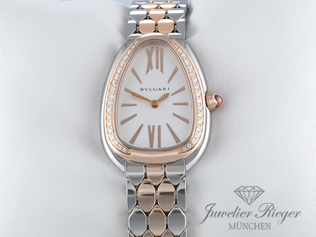 Uhransicht von vorne, hauptsächlich das Zifferblatt und die Lünette sichtbar. Bulgari Serpenti Seduttori Edelstahl Rosegold 750 Diamanten 103945 Gold Damen