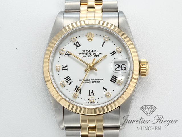 Uhransicht von vorne, hauptsächlich das Zifferblatt und die Lünette sichtbar. Rolex Medium Datejust Stahl Gelbgold 750 Diamanten LC100 Automatik Gold Stahl